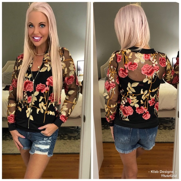 Jackets & Blazers - 🥰LAST 1! Black Sheer Embroidered Bomber Jacket!
